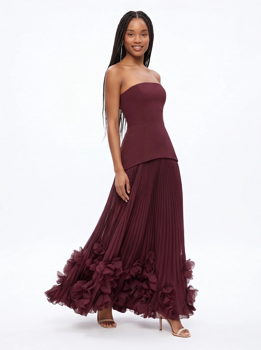 Robe de Soirée Bustier Taille Smockée Imprimé Floral