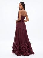 Robe de Soirée Bustier Taille Smockée Imprimé Floral