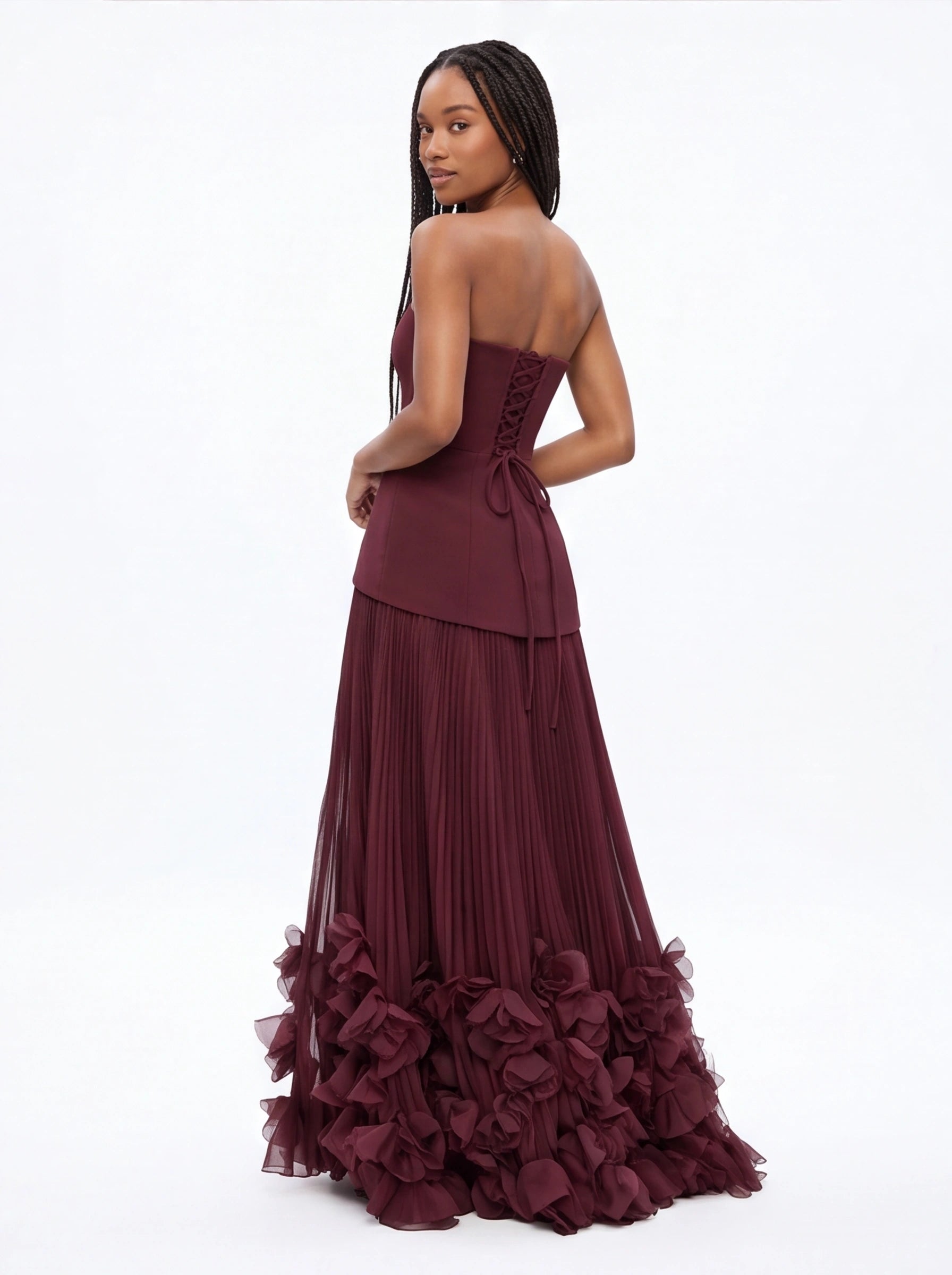 Robe de Soirée Bustier Taille Smockée Imprimé Floral