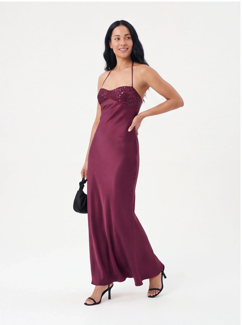 Robe de Soirée Satin Pailletée Dos Nu Lacets Glamour
