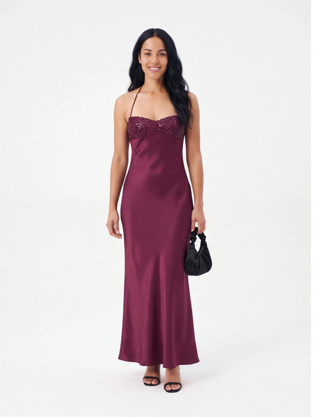 Robe de Soirée Satin Pailletée Dos Nu Lacets Glamour